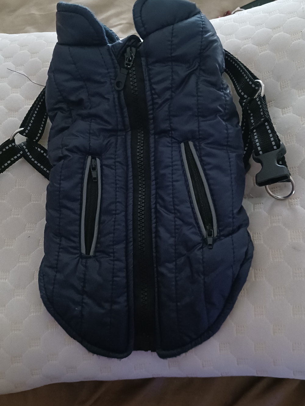 NWOT Quilted Navy Dog Jacket with Reflective Trim